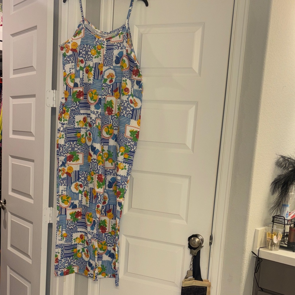 Blue & White Striped Floral romper. Fruit. Oranges lemons cherries